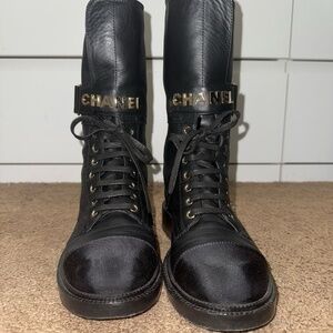 Chanel 2021 Interlocking CC Logo Leather Combat Boots